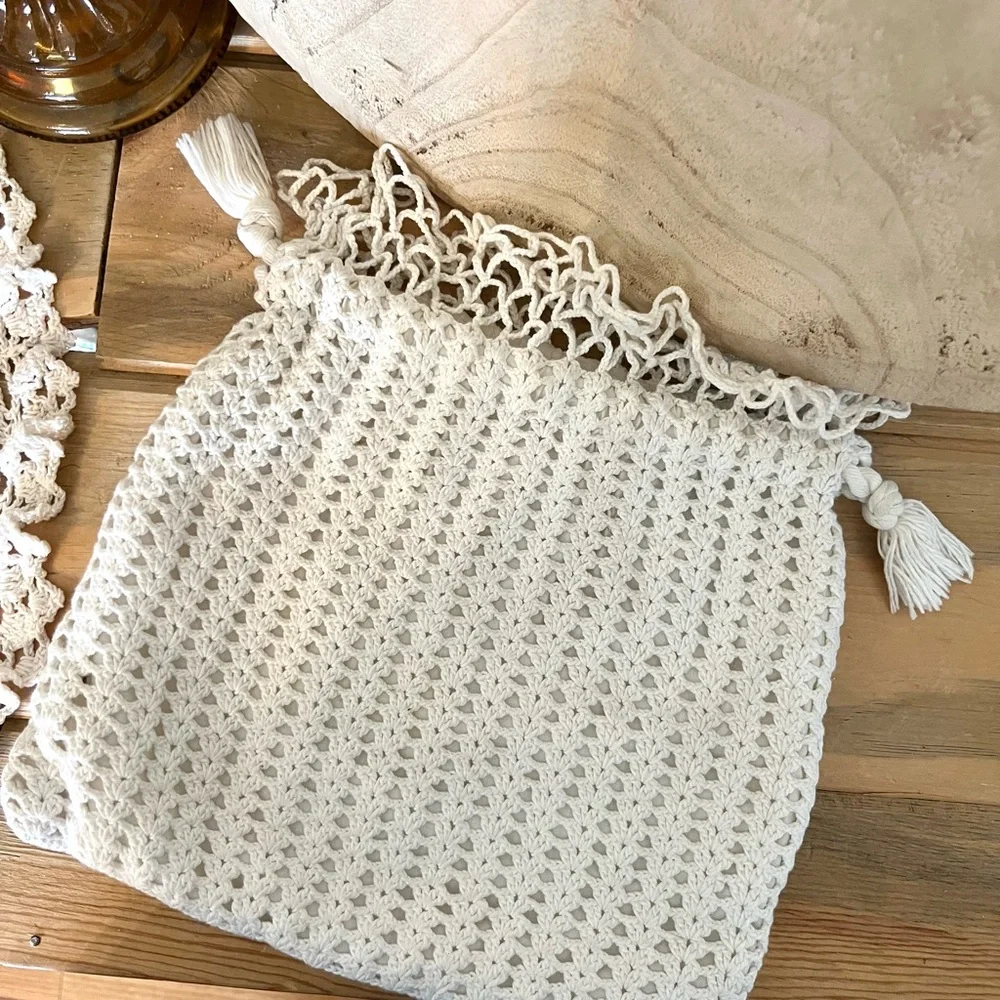 Vintage Handmade Crochet Doily Rope Cinched Festival Hippie Prairie Bag